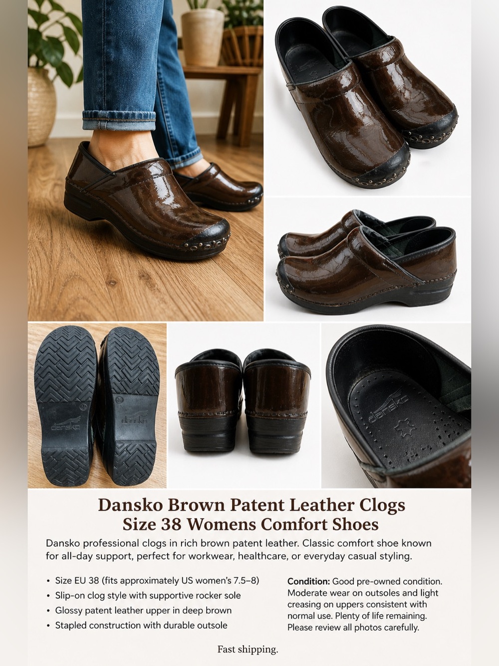 Dansko Brown Patent Leather Clogs Size 38 Womens Comfort Shoes